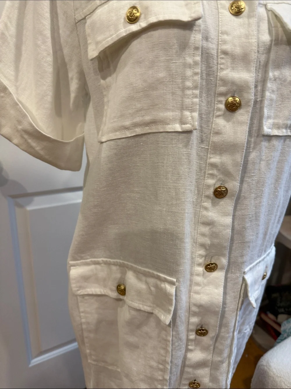 J. Crew White Short-Sleeve Linen Shirt Dress with Gold Buttons